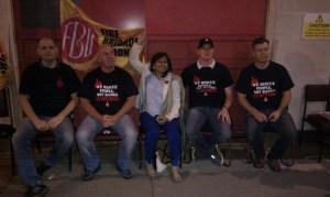 Purna Sen supports pickets outside Preston Circus Fire Station, 31 October 2014