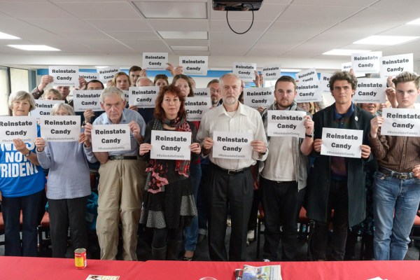 A message of solidarity and support for sacked PCS representative Candy Udwin from Jeremy Corbyn MP, Nancy Platts and everyone at Sussex LRC's meeting of 23 May 2015 (copyright Morten Watkins)