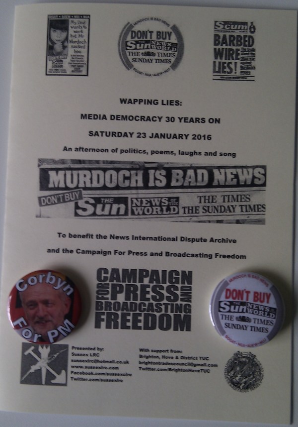 Donations are still being collected for NIDA and CPBF. Contact us if you would like to buy one of our Wapping Lies programmes or reproduction Don't Buy the Sun... badges, or any other Sussex LRC badge.